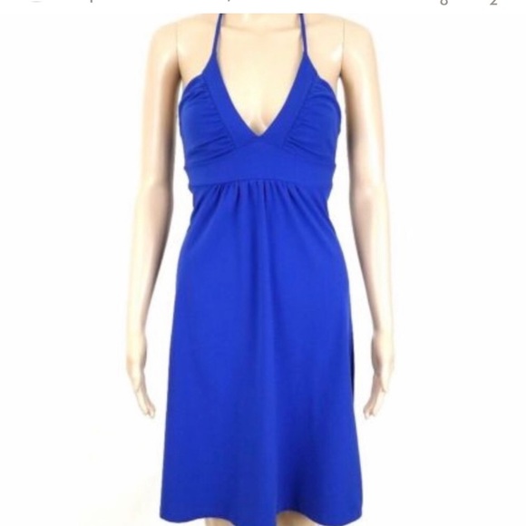Susana Monaco Dresses & Skirts - Susana Monaco Bright Blue Tie Neck Halter Deep V Neck Stretchy Sun Dress…